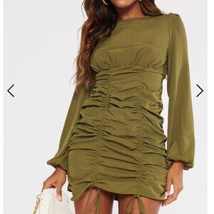 PLT Khaki Ruched Long Sleeve Bodycon Dress